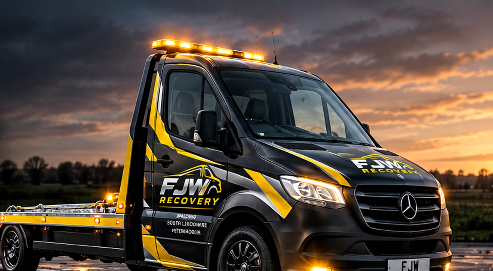 FJW Recovery branded vehicle recovery truck with amber warning lights