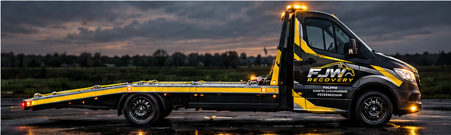 FJW Recovery branded vehicle recovery truck shown from the side